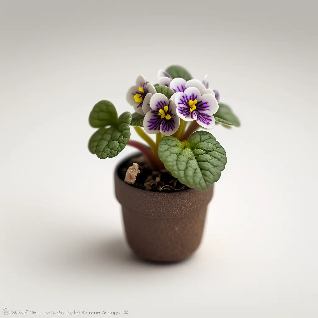 cute mini African Violet plant in a pot, white background, depth of field f2.8 3.5, 50mm lens